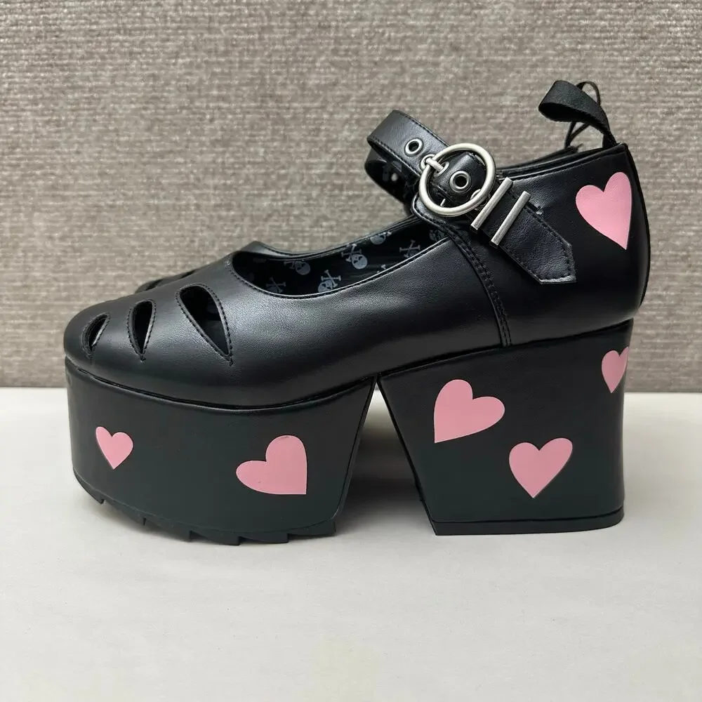 Dolls Kill LAMODA Hung Up Black Chunky Platform Heels Pink Heart 9 Lolita Goth